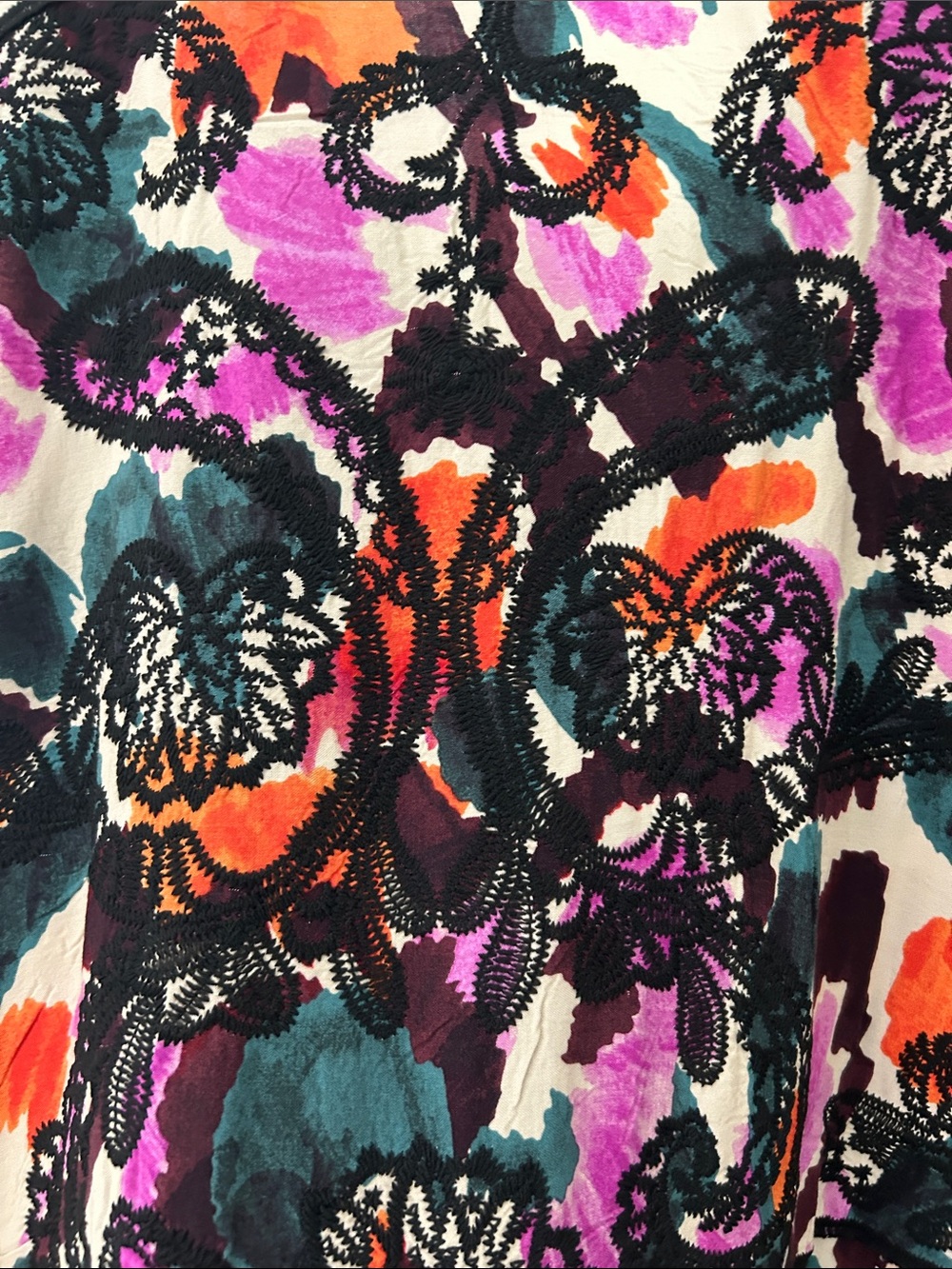 Democracy Floral V-Neck Tunic with Black Crochet Trim in Purple, Orange & Green - Picture 6 of 16